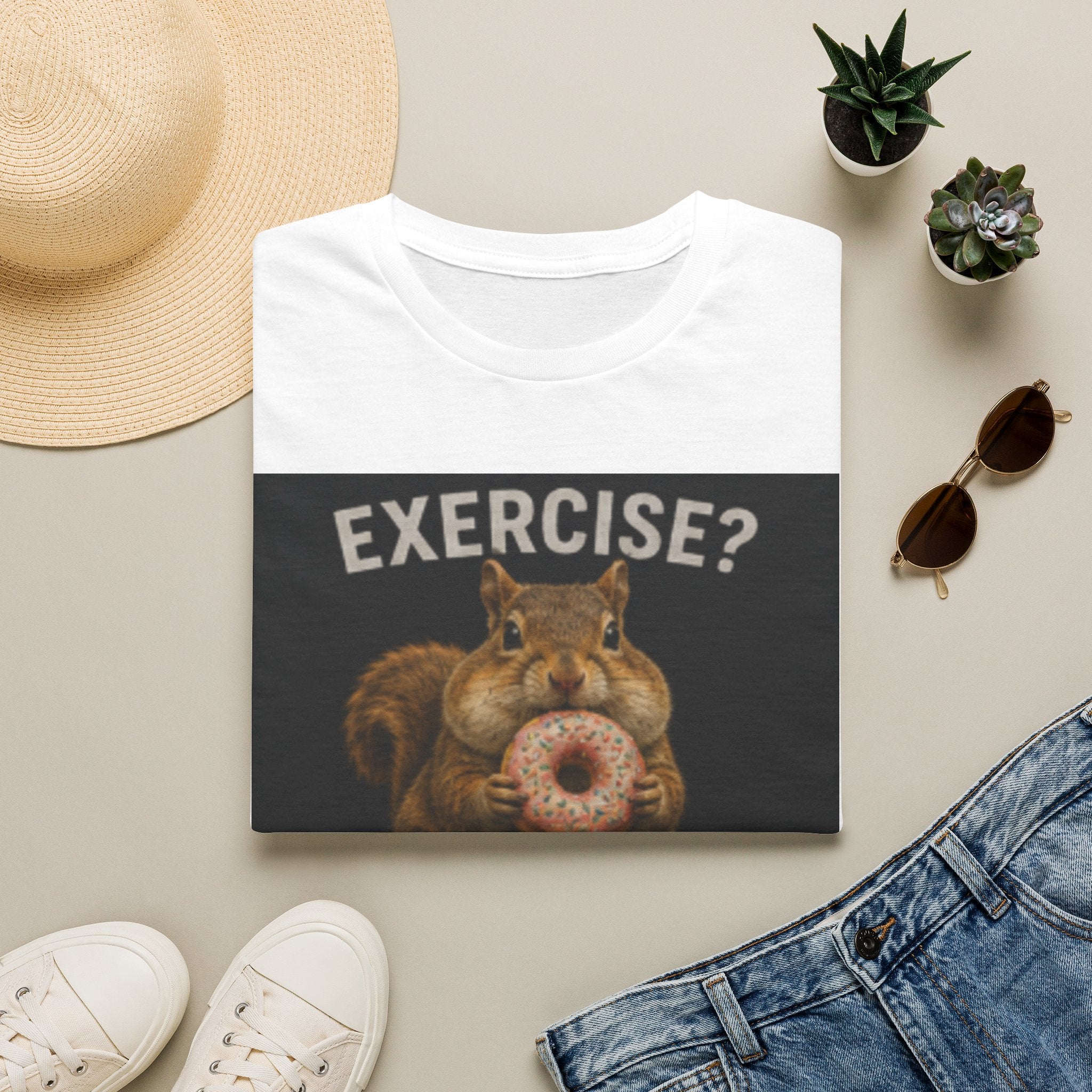 T-Shirt — Funny Squirrel Donut Design “Exercise? I Thought You Said Extra Fries”