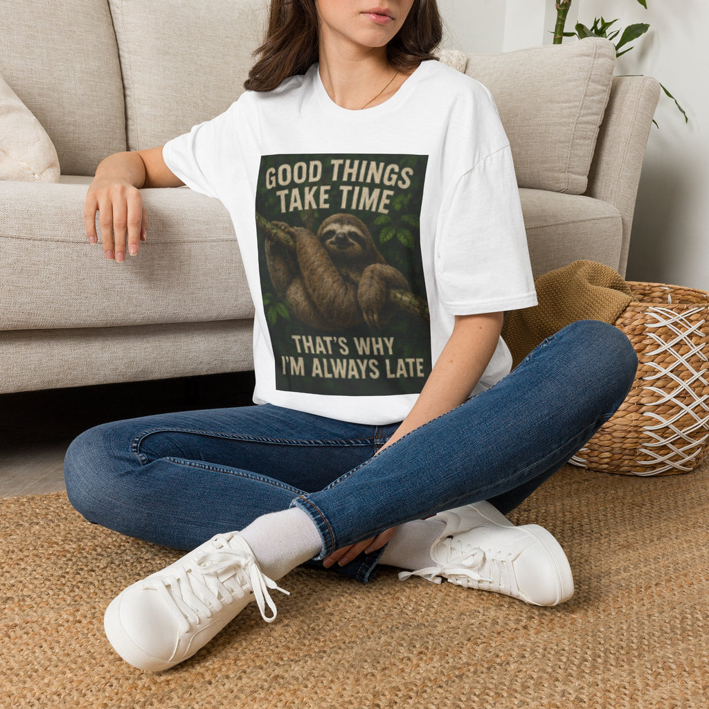Sloth 'Good Things Take Time' T-Shirt — Funny Late Arrival Graphic Tee