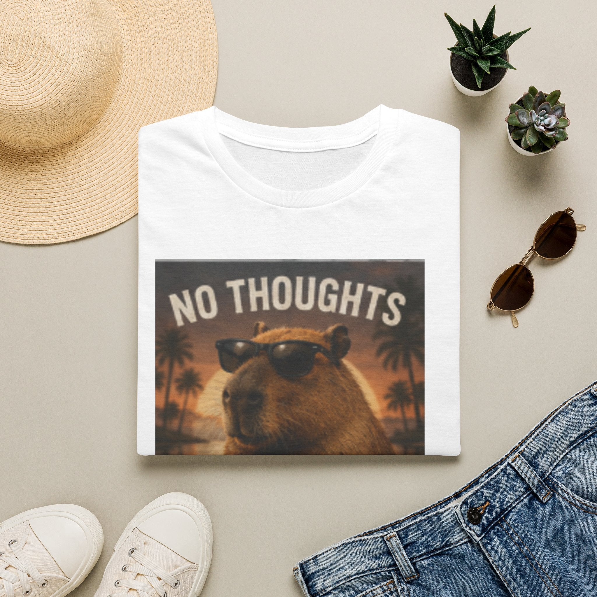 No Thoughts Just Vibes T-Shirt — Retro Sunglasses Capybara Graphic Tee