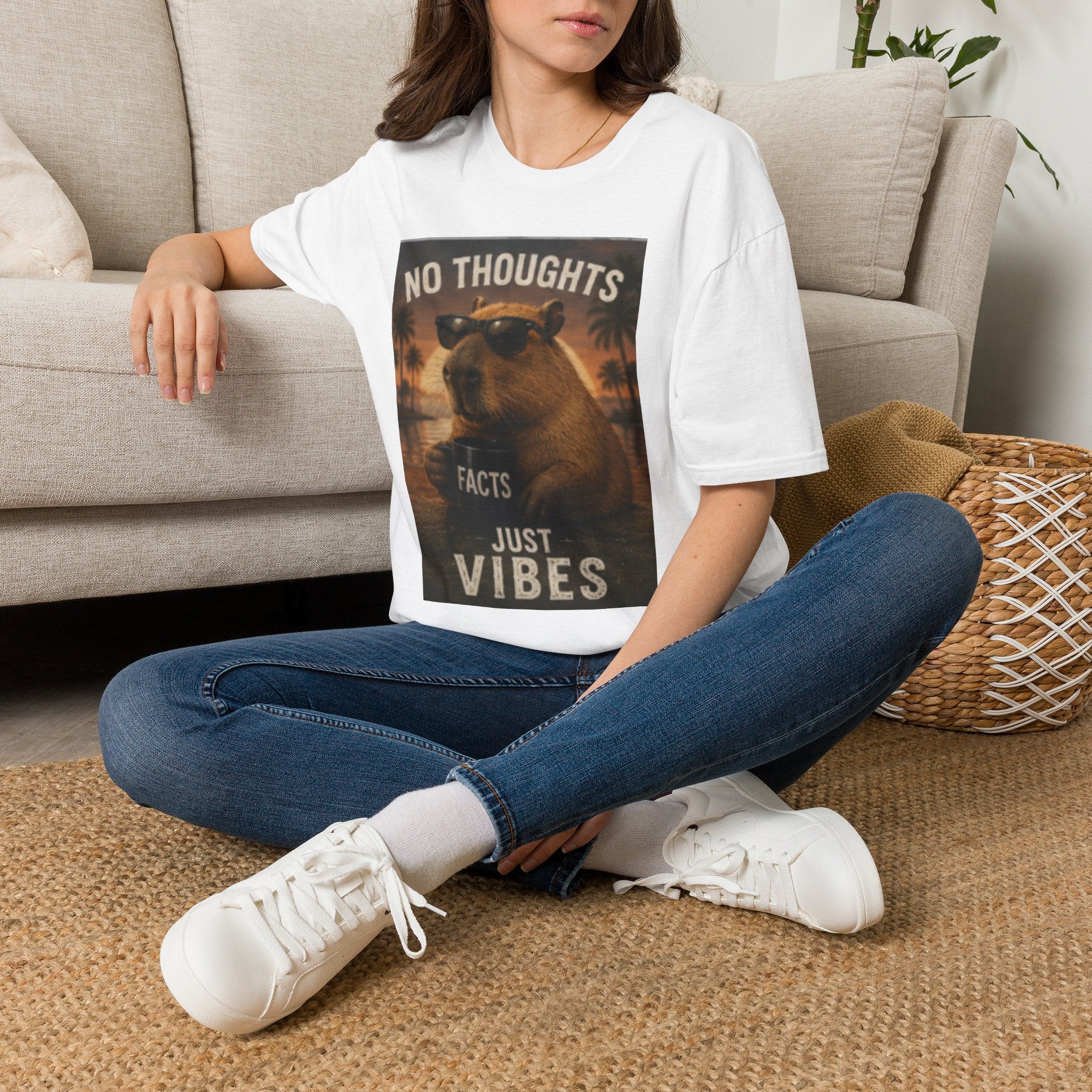 No Thoughts Just Vibes T-Shirt — Retro Sunglasses Capybara Graphic Tee
